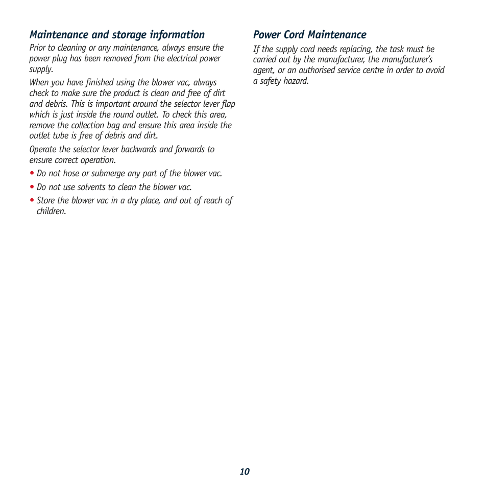 Maintenance and storage information, Power cord maintenance | Global Machinery Company BV2400 User Manual | Page 10 / 11