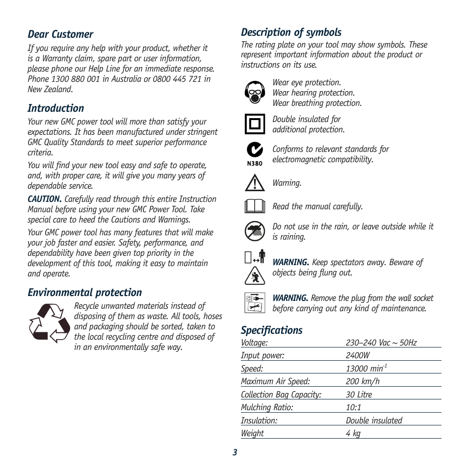 Description of symbols, Specifications, Dear customer | Introduction, Environmental protection | Global Machinery Company BV2400 User Manual | Page 3 / 11