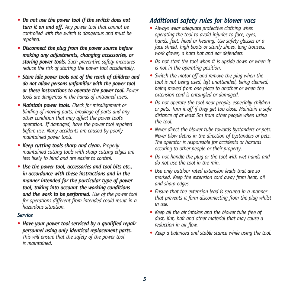 Additional safety rules for blower vacs | Global Machinery Company BV2400 User Manual | Page 5 / 11