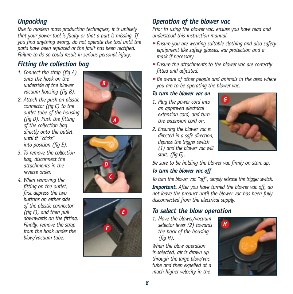 Unpacking, Fitting the collection bag, Operation of the blower vac | Global Machinery Company BV2400 User Manual | Page 8 / 11