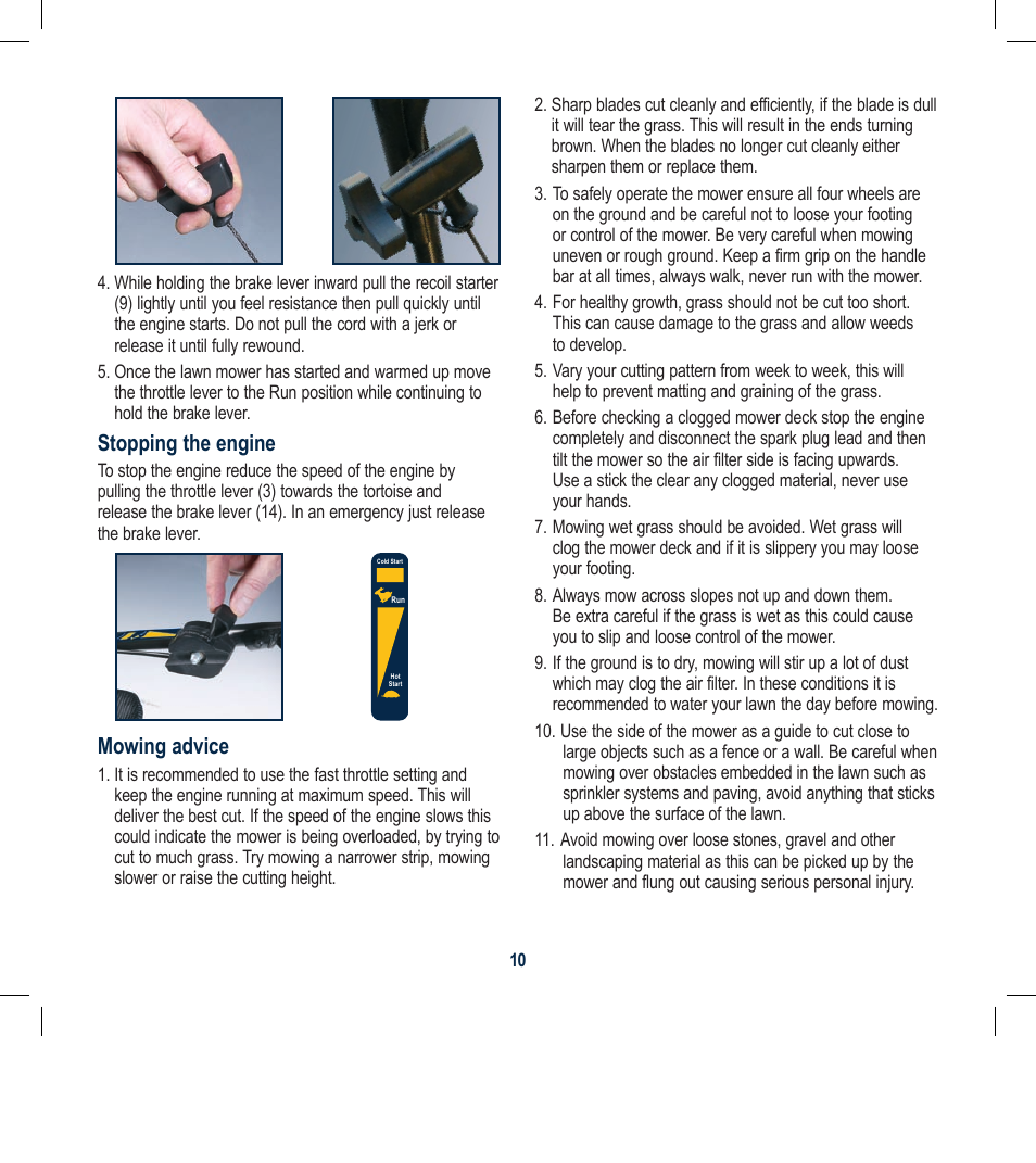 Stopping the engine, Mowing advice | Global Machinery Company RL504 User Manual | Page 10 / 12