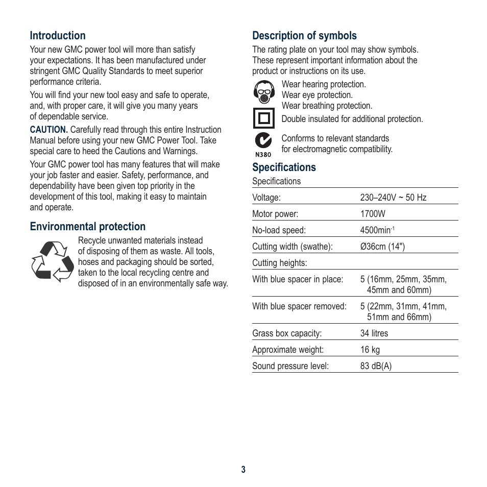 Description of symbols, Specifications, Introduction | Environmental protection | Global Machinery Company 1700W User Manual | Page 3 / 16