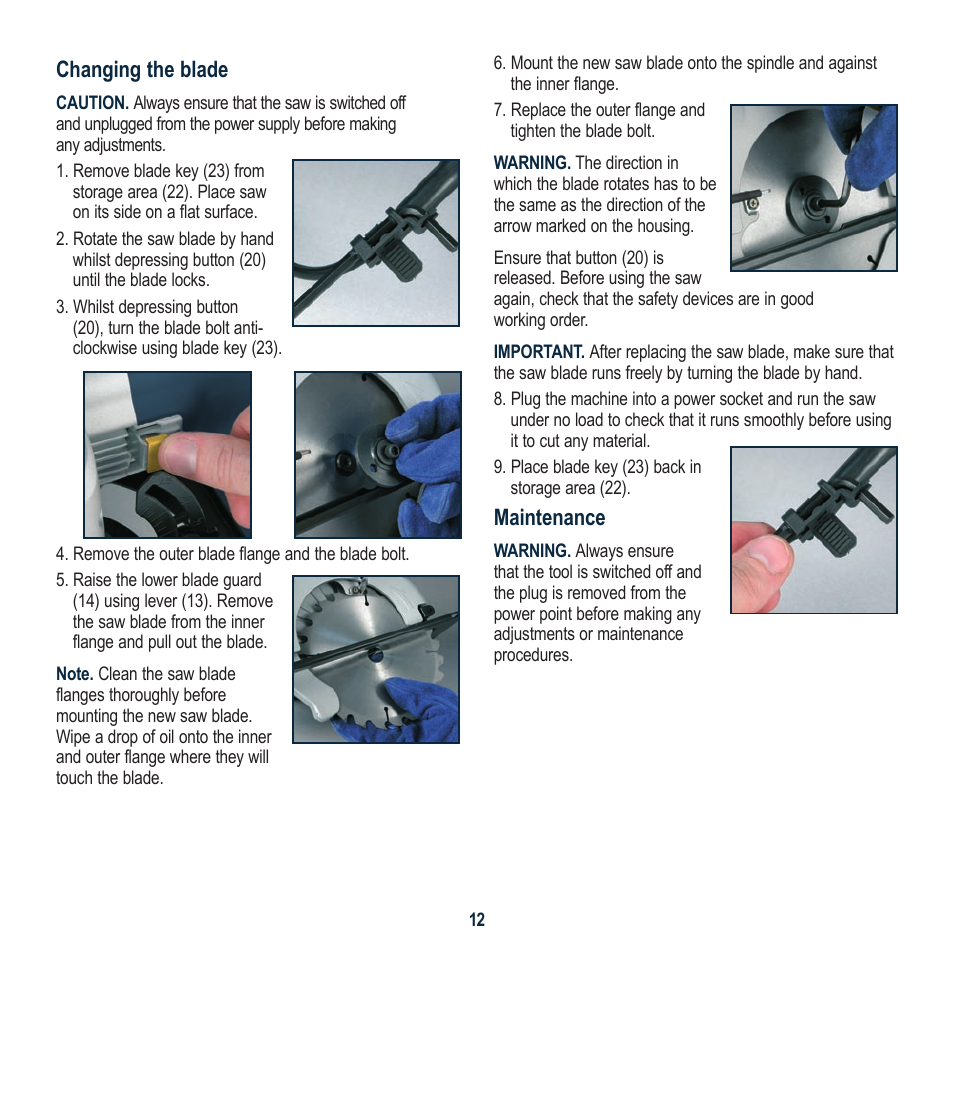 Changing the blade, Maintenance | Global Machinery Company LS1375 User Manual | Page 12 / 16