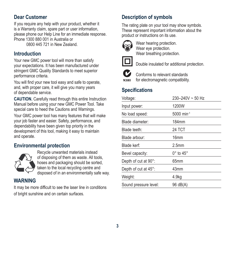 Description of symbols, Specifications, Dear customer | Introduction, Environmental protection, Warning | Global Machinery Company LS1375 User Manual | Page 3 / 16