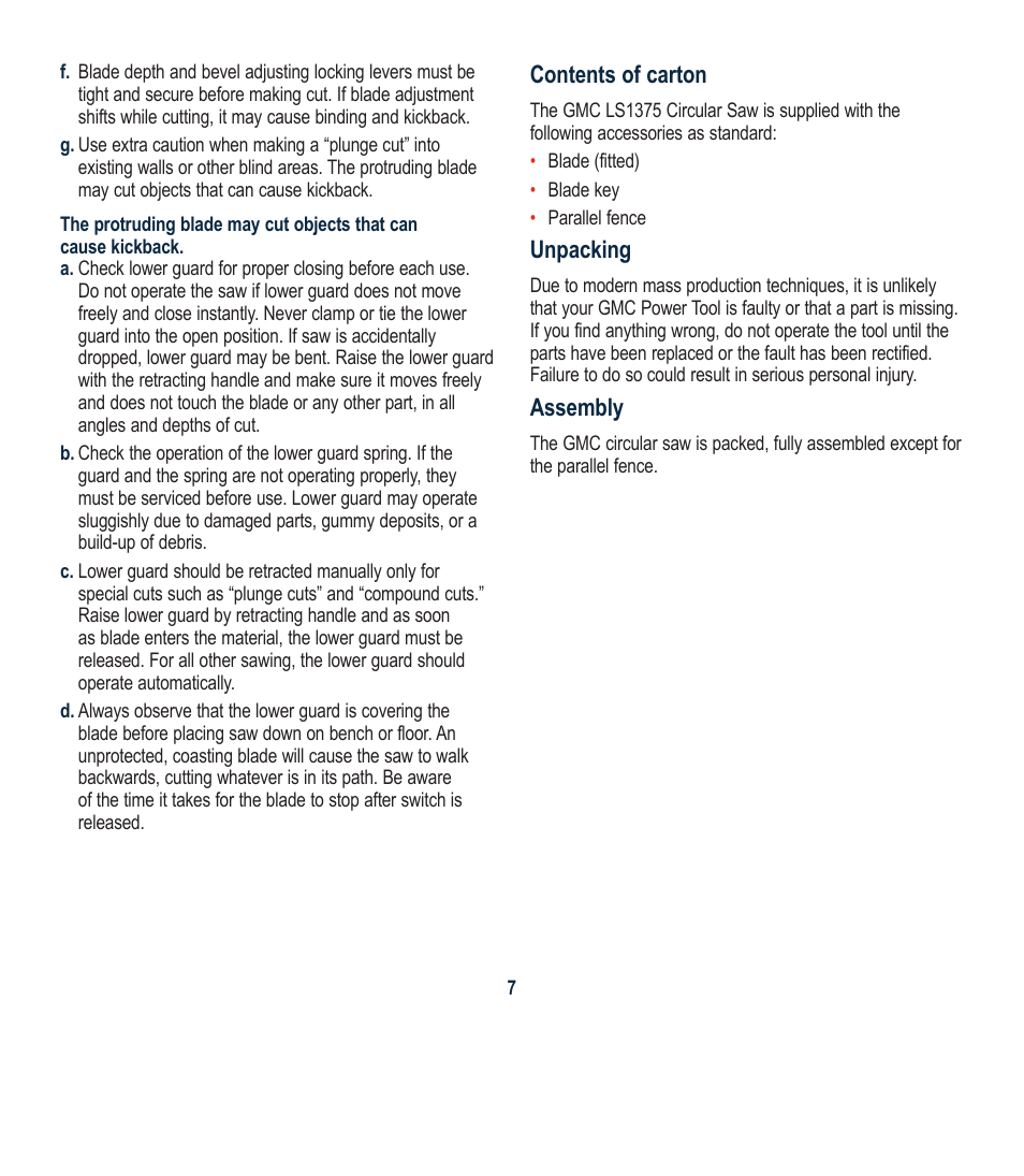 Contents of carton, Unpacking, Assembly | Global Machinery Company LS1375 User Manual | Page 7 / 16