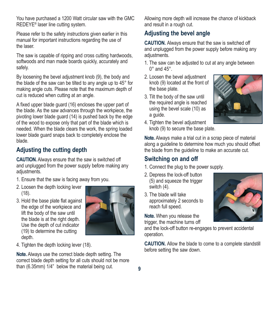 Adjusting the cutting depth, Adjusting the bevel angle, Switching on and off | Global Machinery Company LS1375 User Manual | Page 9 / 16