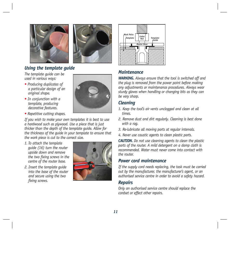 Using the template guide, Maintenance, Cleaning | Power cord maintenance, Repairs | Global Machinery Company R1200 User Manual | Page 11 / 12