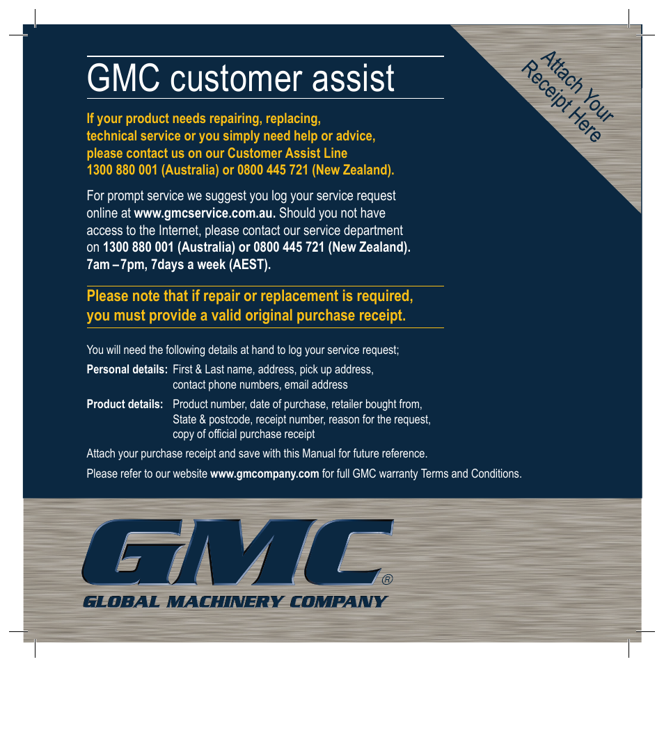 Gmc customer assist | Global Machinery Company R1200 User Manual | Page 12 / 12