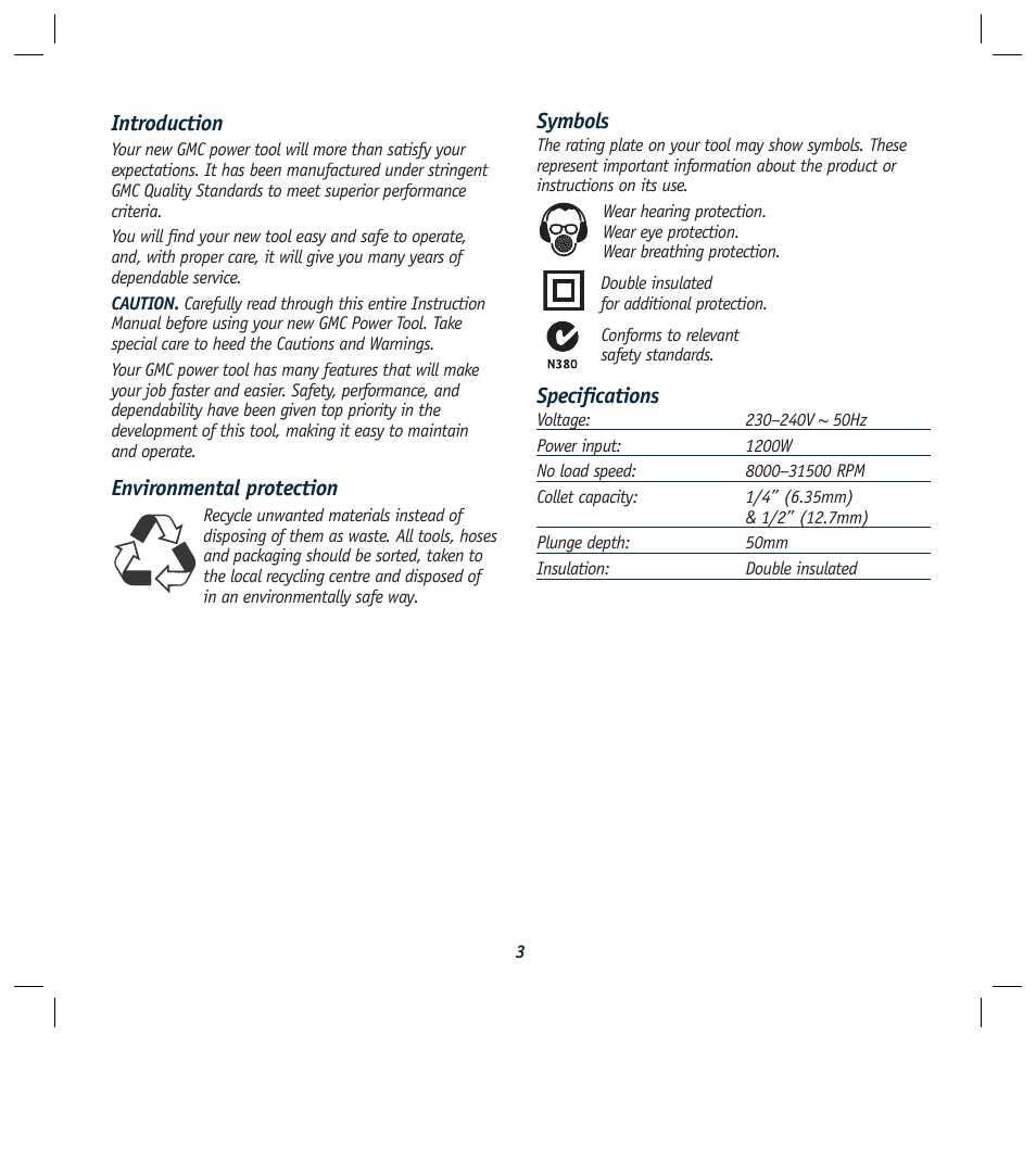 Symbols, Specifications, Introduction | Environmental protection | Global Machinery Company R1200 User Manual | Page 3 / 12