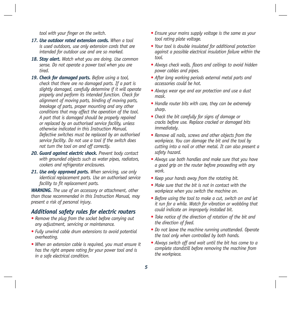 Additional safety rules for electric routers | Global Machinery Company R1200 User Manual | Page 5 / 12