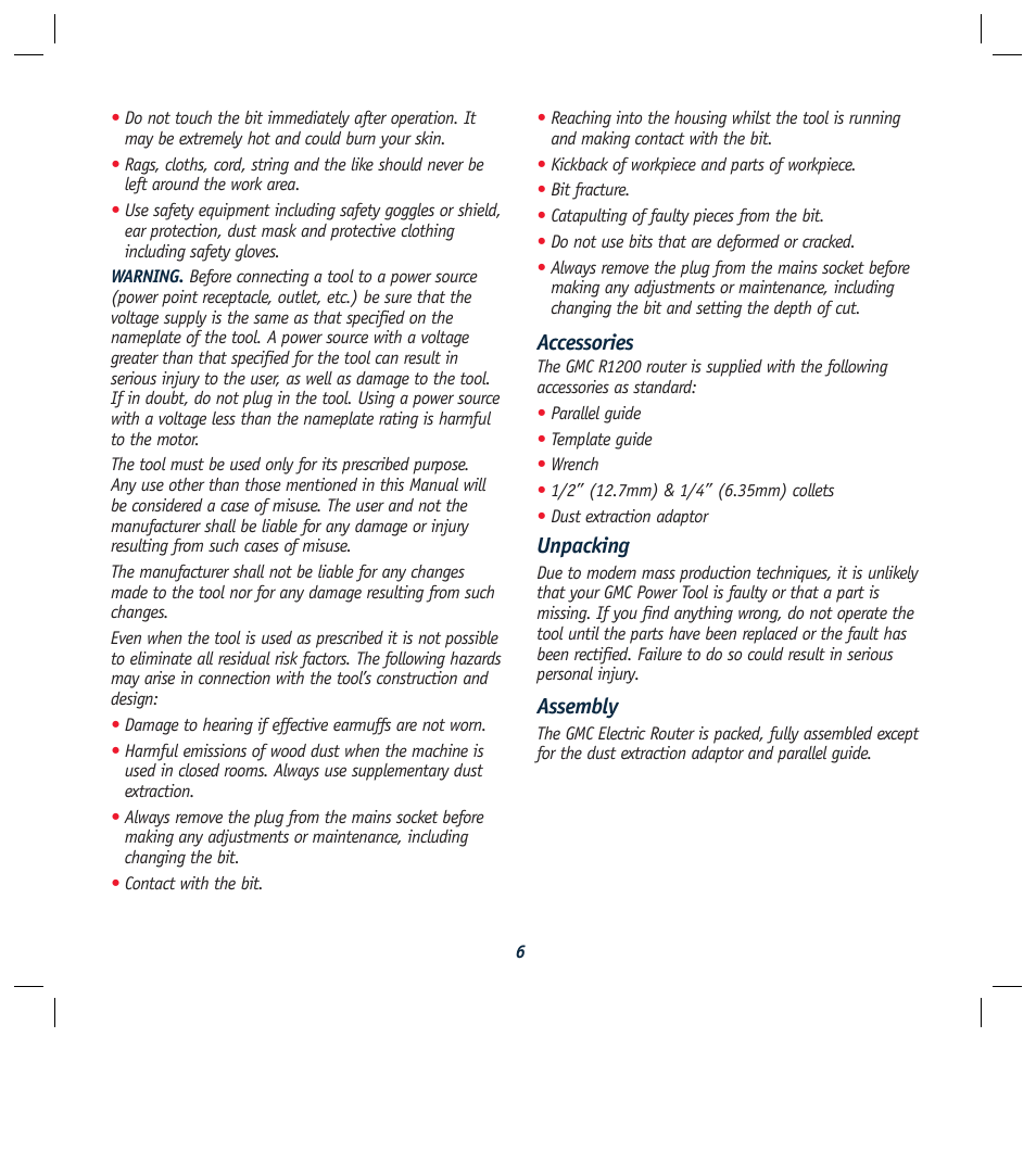 Accessories, Unpacking, Assembly | Global Machinery Company R1200 User Manual | Page 6 / 12