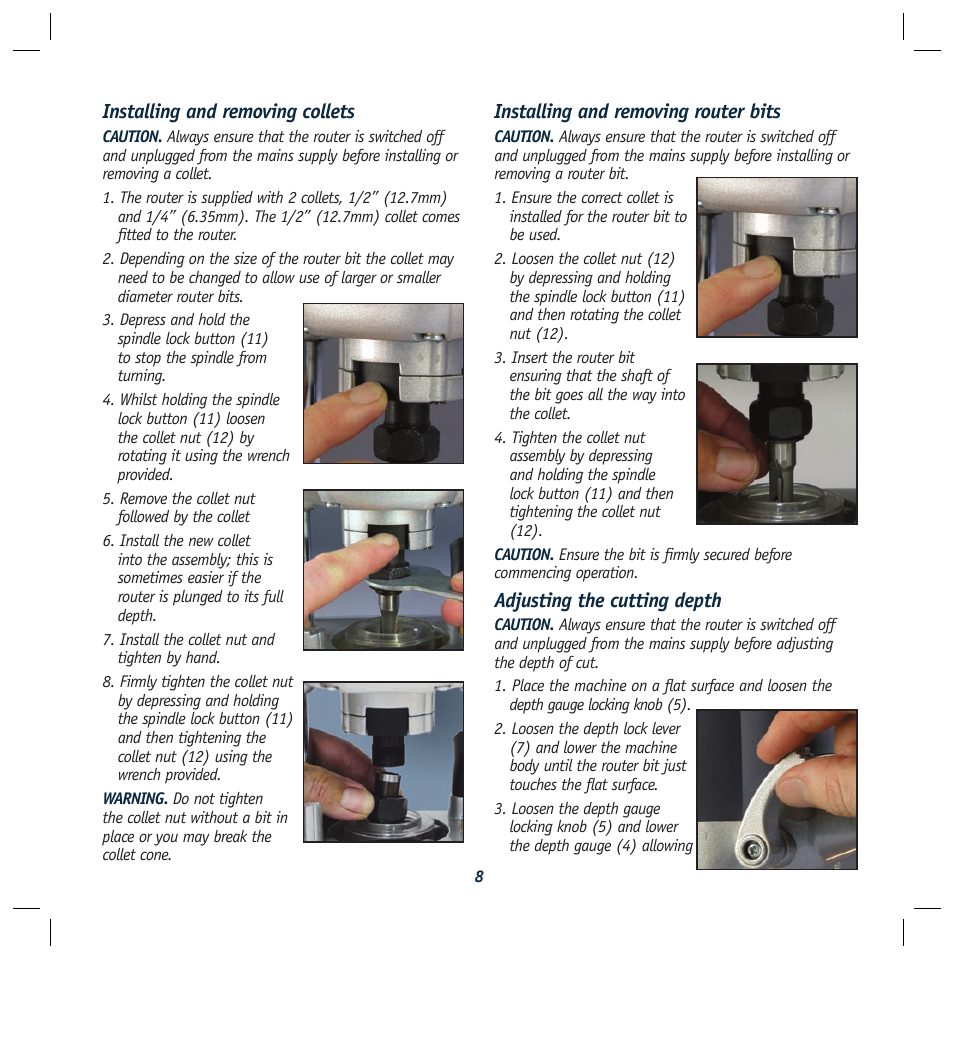 Installing and removing collets, Installing and removing router bits, Adjusting the cutting depth | Global Machinery Company R1200 User Manual | Page 8 / 12