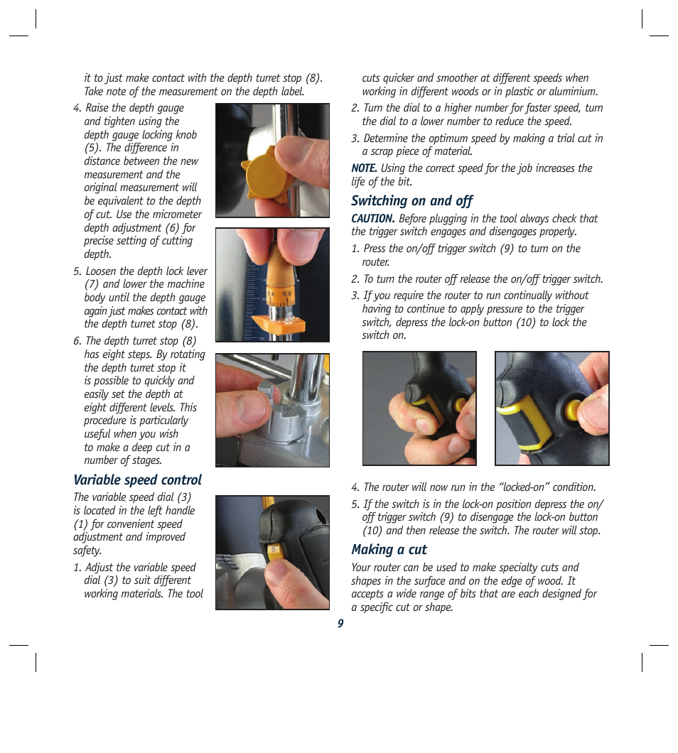 Variable speed control, Switching on and off, Making a cut | Global Machinery Company R1200 User Manual | Page 9 / 12