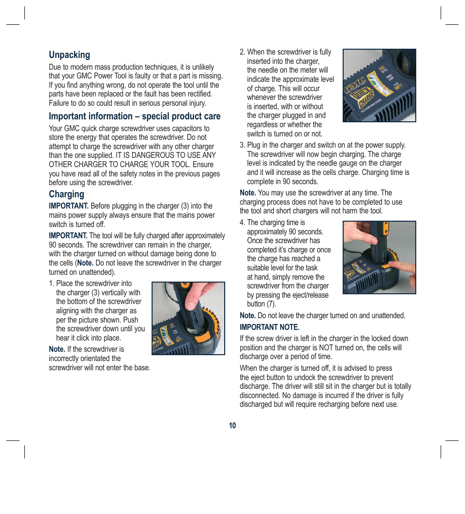 Unpacking, Important information – special product care, Charging | Global Machinery Company FQC54V User Manual | Page 10 / 12