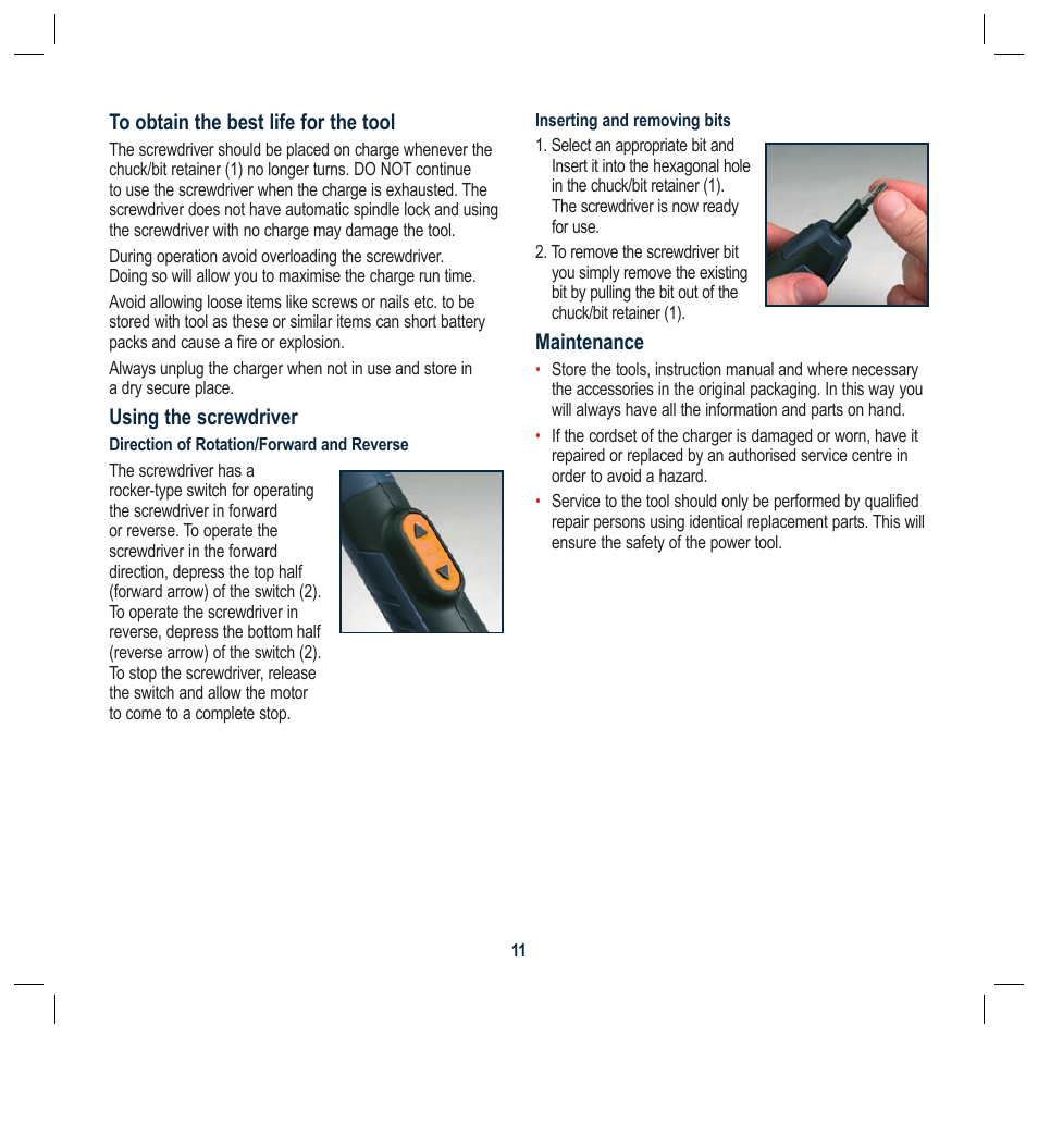 Using the screwdriver, Maintenance | Global Machinery Company FQC54V User Manual | Page 11 / 12