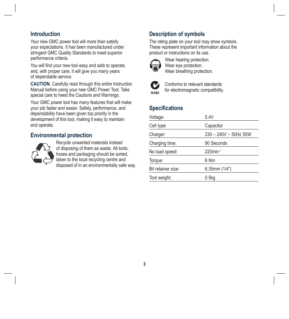 Description of symbols, Specifications, Introduction | Environmental protection | Global Machinery Company FQC54V User Manual | Page 3 / 12