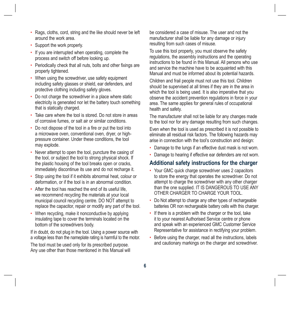 Additional safety instructions for the charger | Global Machinery Company FQC54V User Manual | Page 6 / 12
