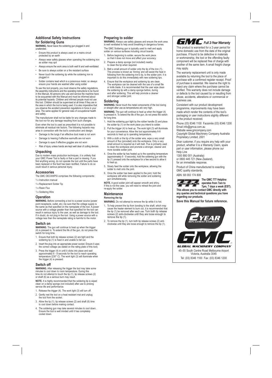 Global Machinery Company DEC006PSI User Manual | Page 2 / 2