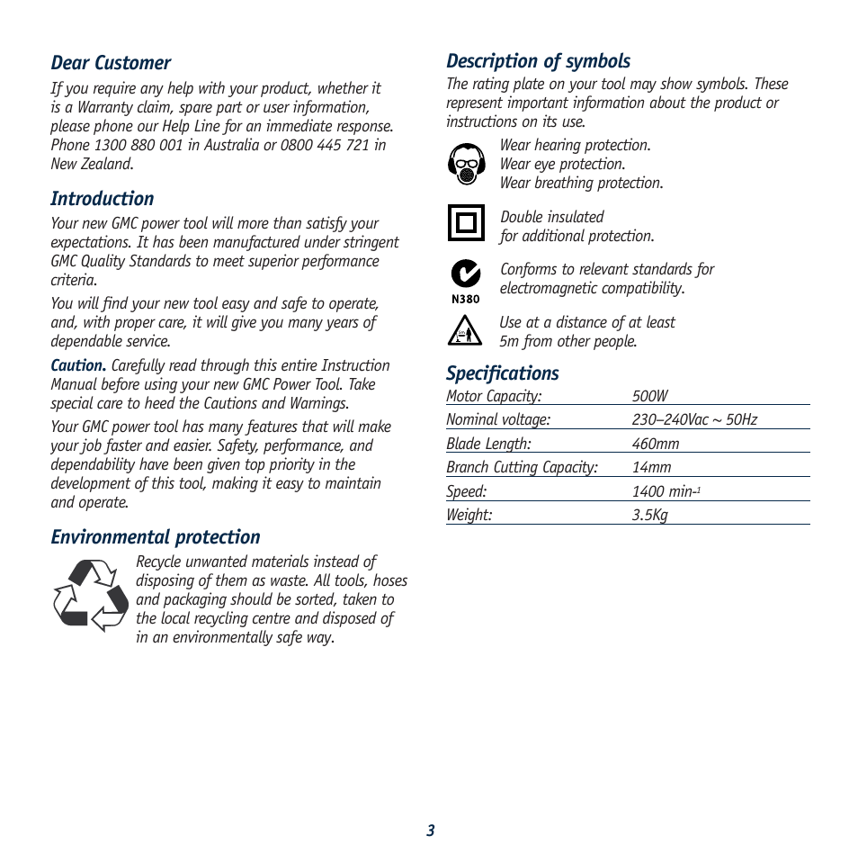 Description of symbols, Specifications, Dear customer | Introduction, Environmental protection | Global Machinery Company BHT500 User Manual | Page 3 / 10