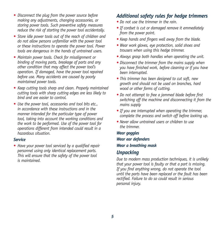 Additional safety rules for hedge trimmers, Unpacking | Global Machinery Company BHT500 User Manual | Page 5 / 10