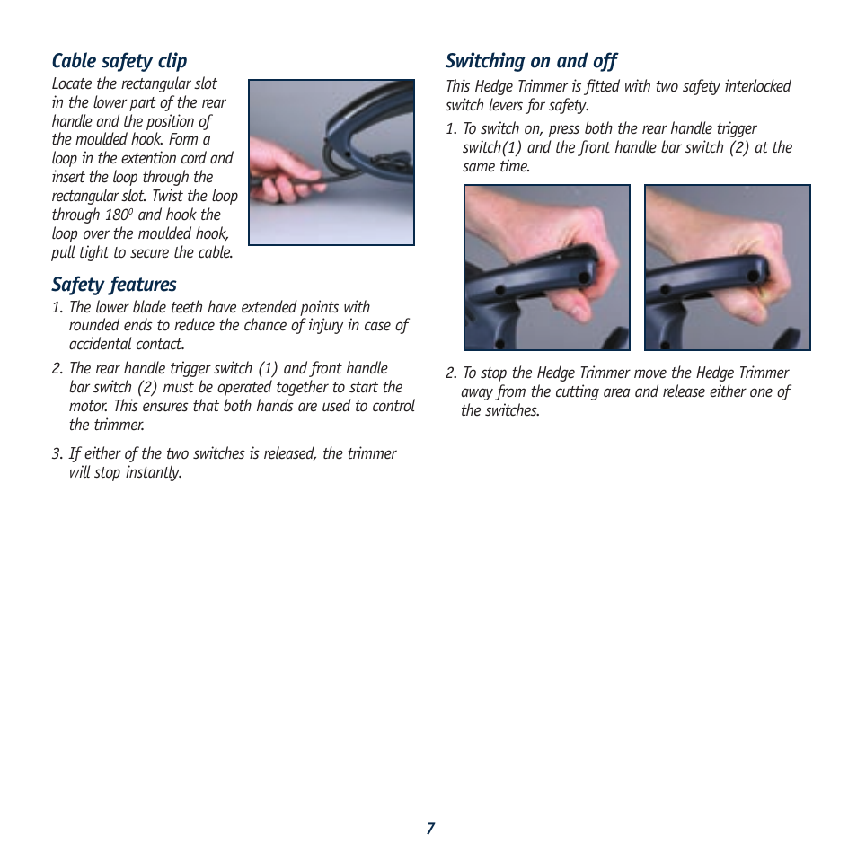 Cable safety clip, Safety features, Switching on and off | Global Machinery Company BHT500 User Manual | Page 7 / 10