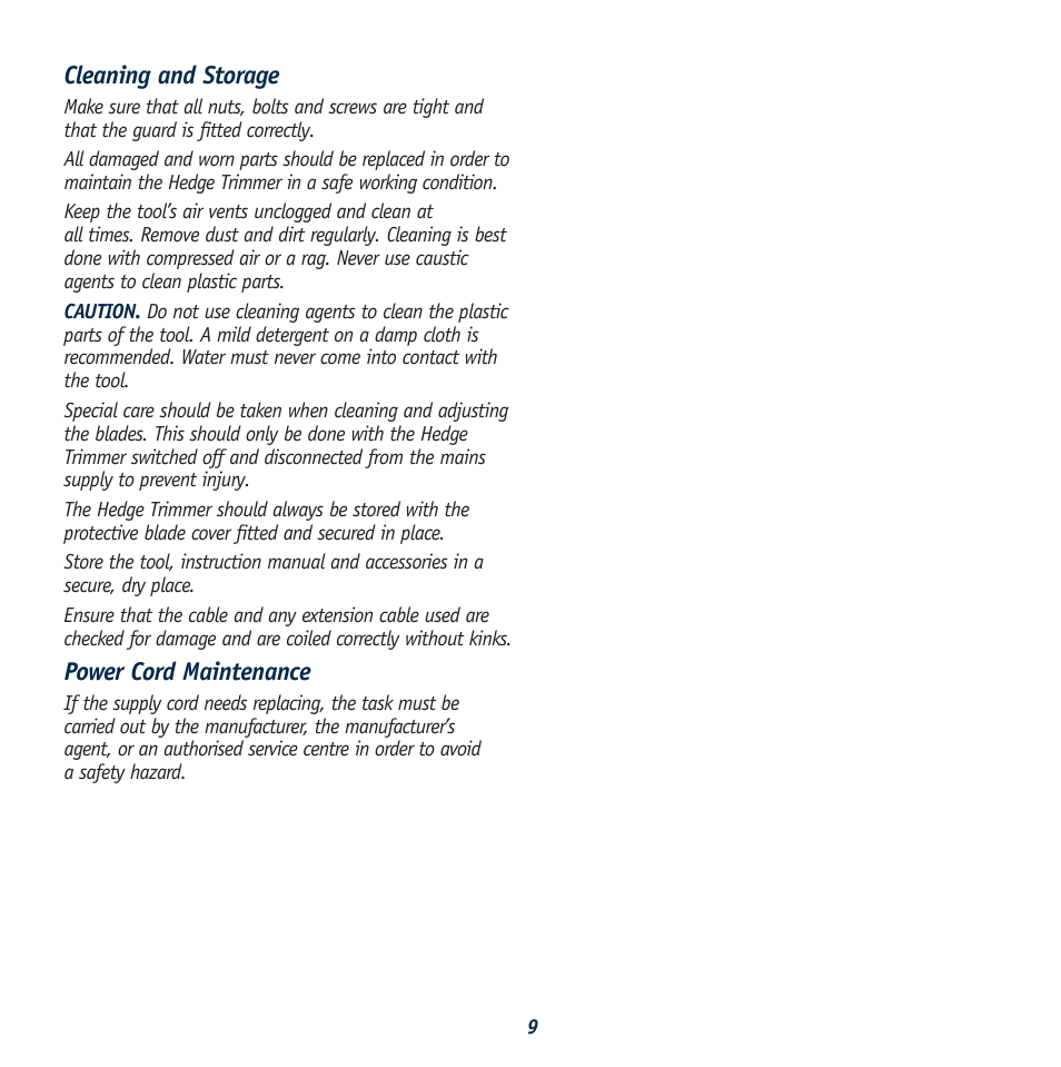 Cleaning and storage, Power cord maintenance | Global Machinery Company BHT500 User Manual | Page 9 / 10