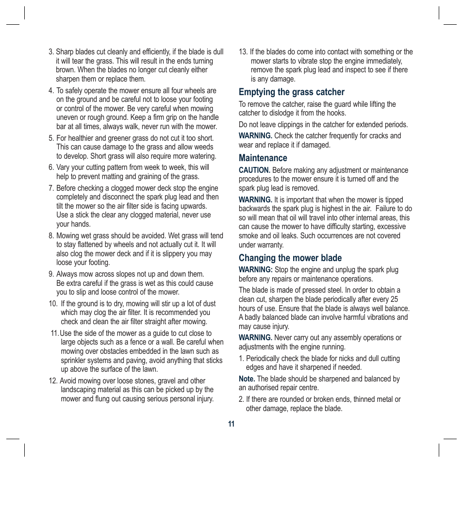 Emptying the grass catcher, Maintenance, Changing the mower blade | Global Machinery Company RLMC User Manual | Page 11 / 16