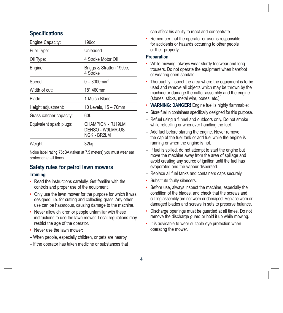 Specifications, Safety rules for petrol lawn mowers | Global Machinery Company RLMC User Manual | Page 4 / 16