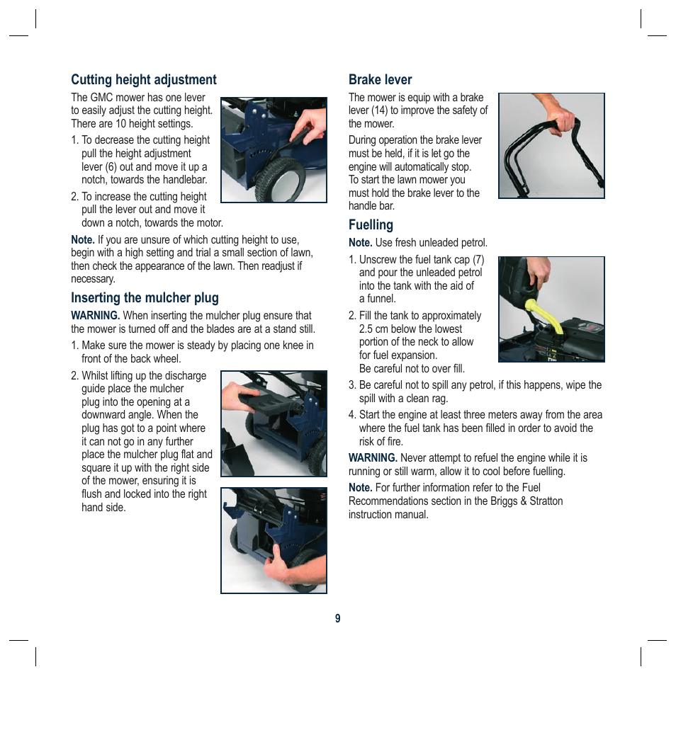 Cutting height adjustment, Inserting the mulcher plug, Brake lever | Fuelling | Global Machinery Company RLMC User Manual | Page 9 / 16