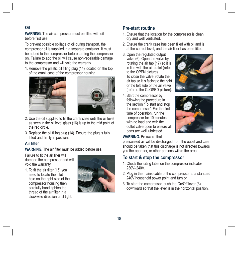 Pre-start routine | Global Machinery Company 50L User Manual | Page 10 / 16