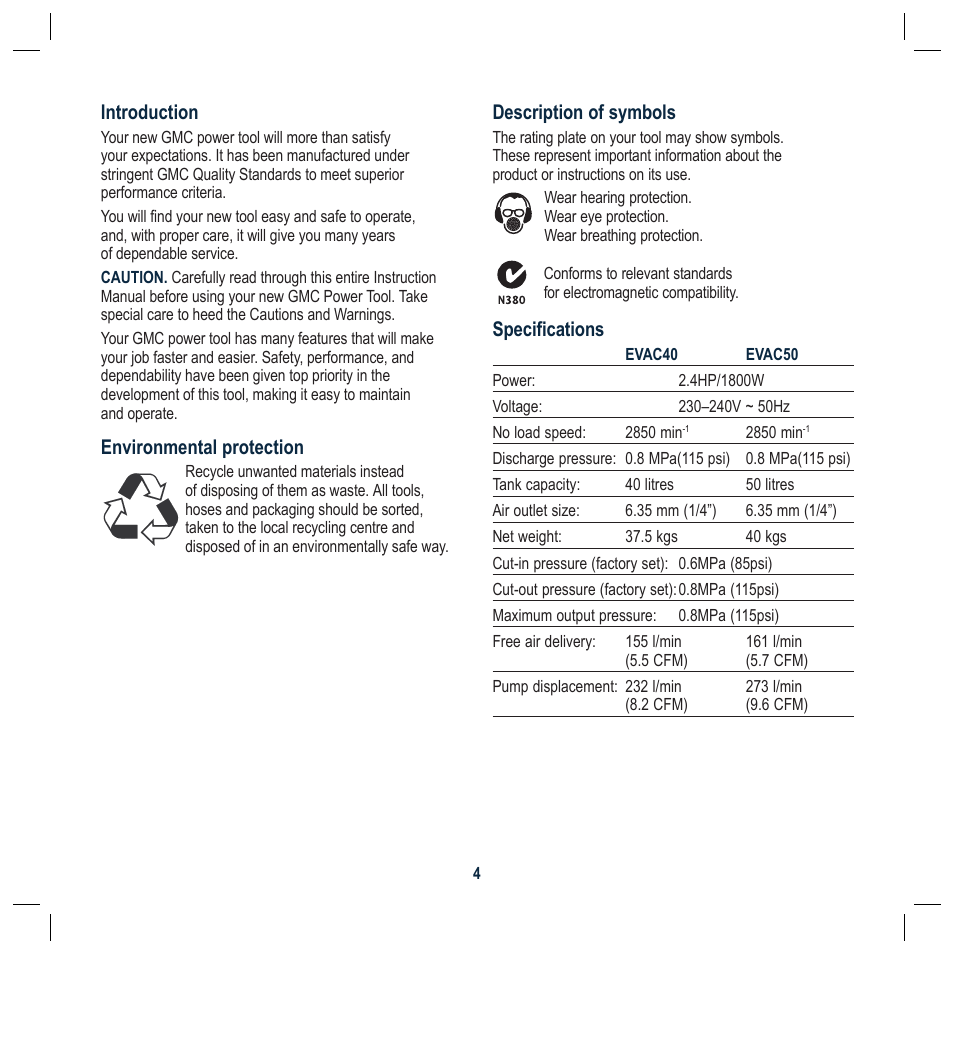 Description of symbols, Specifications, Introduction | Environmental protection | Global Machinery Company 50L User Manual | Page 4 / 16