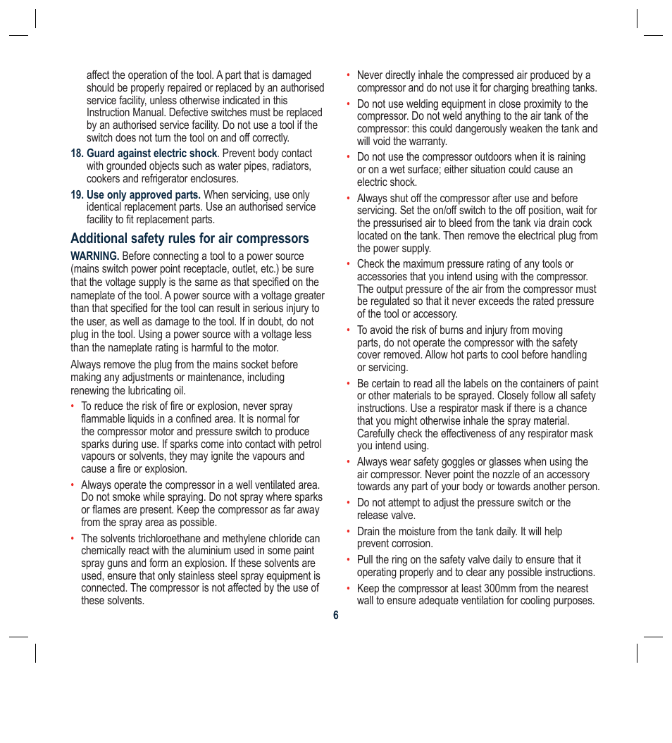 Additional safety rules for air compressors | Global Machinery Company 50L User Manual | Page 6 / 16