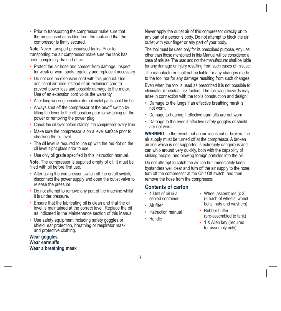 Contents of carton | Global Machinery Company 50L User Manual | Page 7 / 16