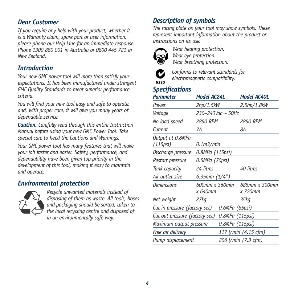 Description of symbols, Specifications, Dear customer | Introduction, Environmental protection | Global Machinery Company AC40L User Manual | Page 4 / 16