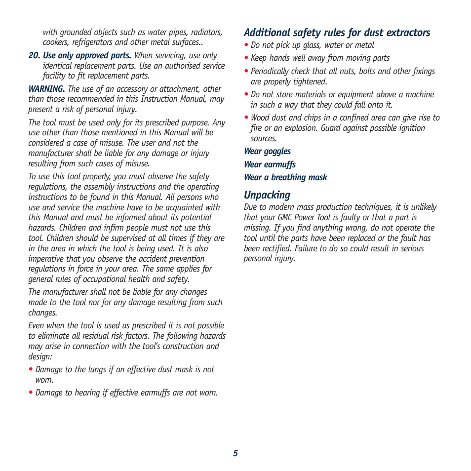 Additional safety rules for dust extractors, Unpacking | Global Machinery Company RDC100 User Manual | Page 5 / 9