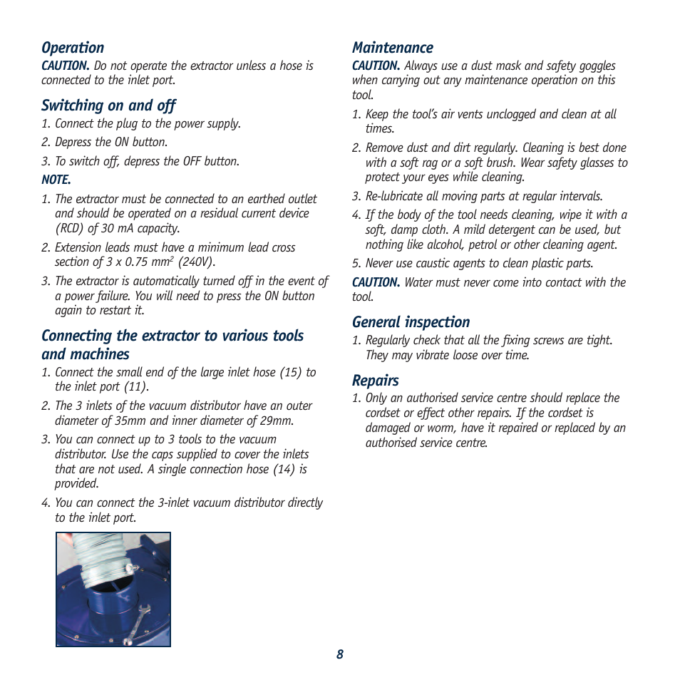 Operation, Switching on and off, Maintenance | General inspection, Repairs | Global Machinery Company RDC100 User Manual | Page 8 / 9