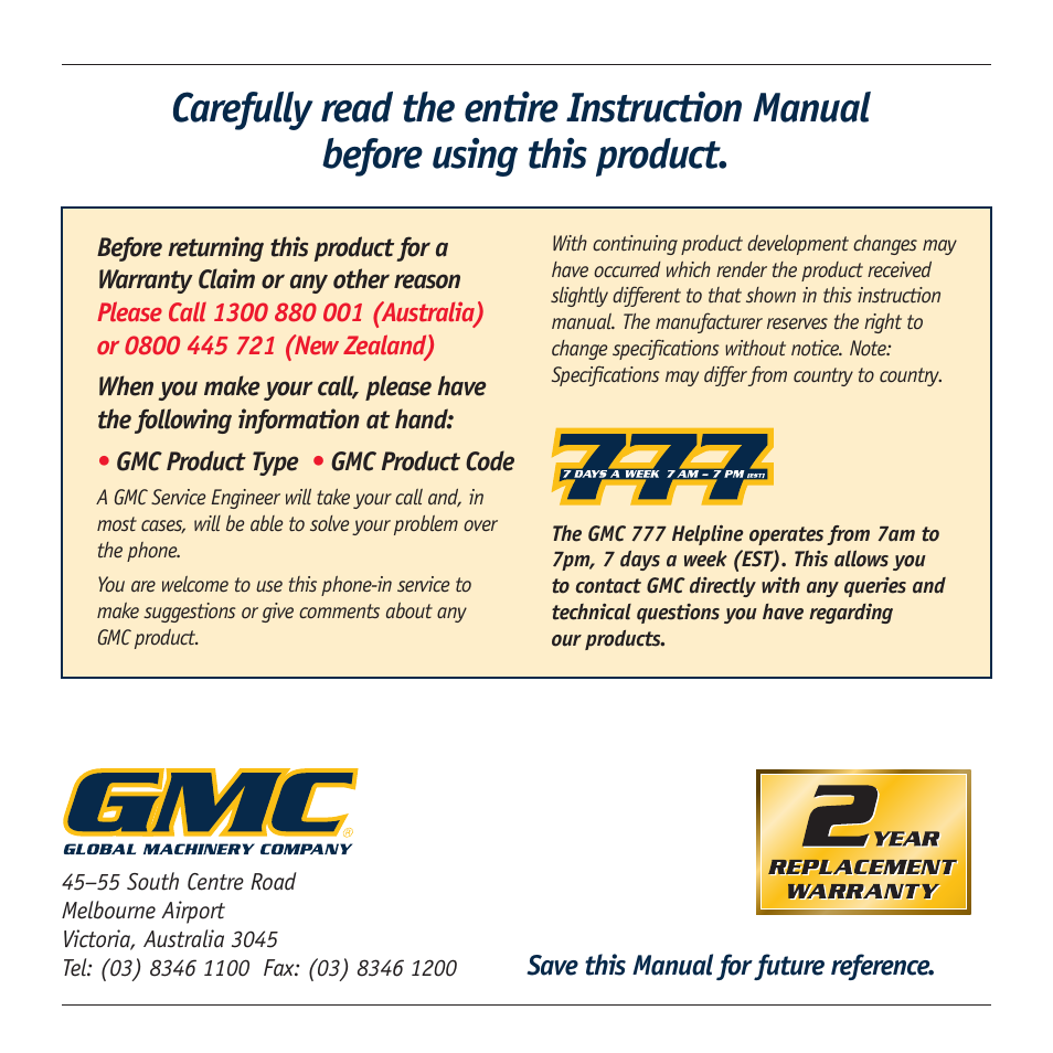 Global Machinery Company RDC100 User Manual | Page 9 / 9