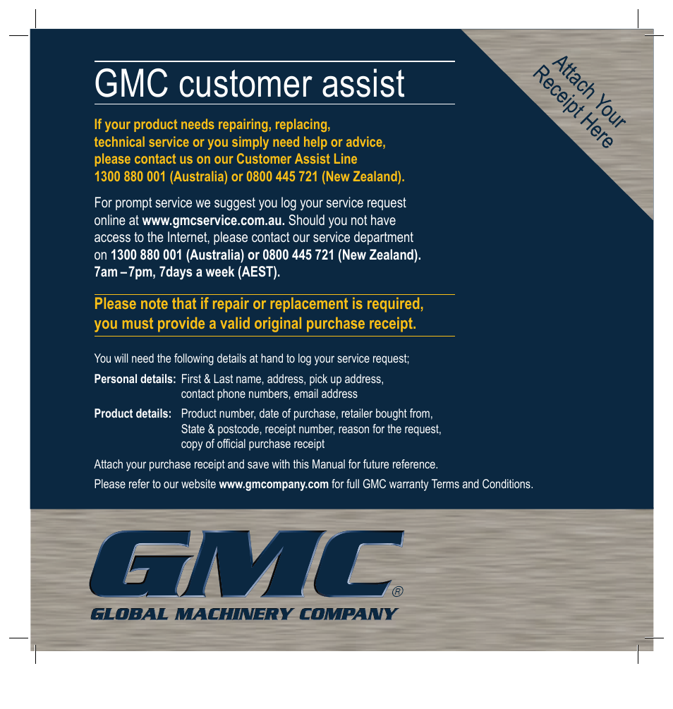 Gmc customer assist | Global Machinery Company PBSM User Manual | Page 12 / 12