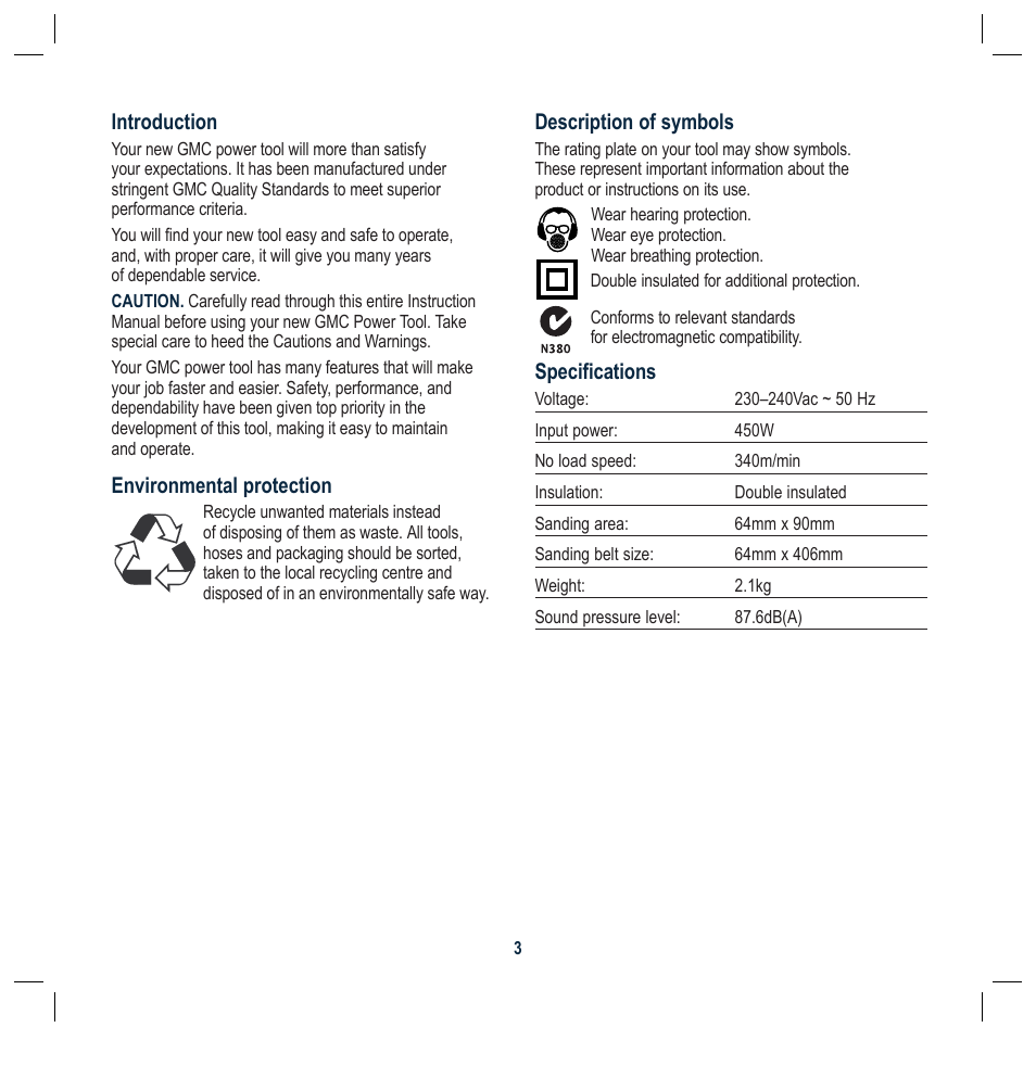 Description of symbols, Specifications, Introduction | Environmental protection | Global Machinery Company PBSM User Manual | Page 3 / 12