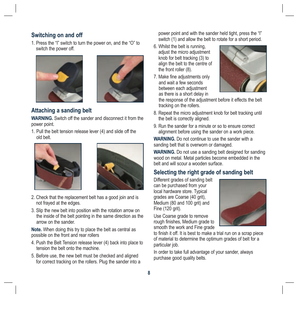 Switching on and off, Attaching a sanding belt, Selecting the right grade of sanding belt | Global Machinery Company PBSM User Manual | Page 8 / 12