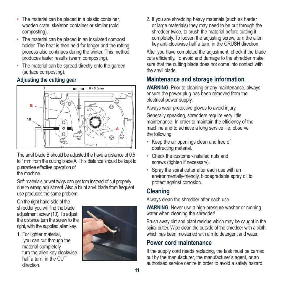 Maintenance and storage information, Cleaning, Power cord maintenance | Global Machinery Company SHS2400 User Manual | Page 11 / 12