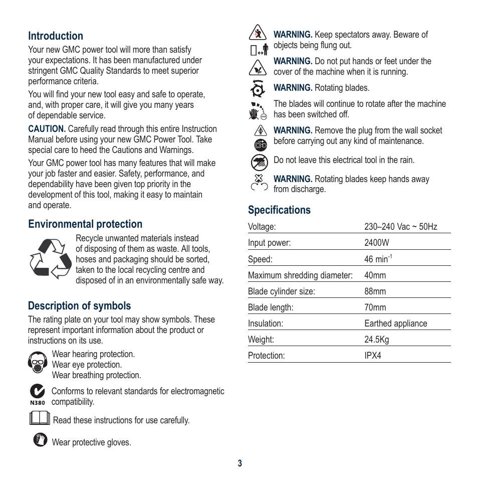 Introduction, Environmental protection, Description of symbols | Specifications | Global Machinery Company SHS2400 User Manual | Page 3 / 12