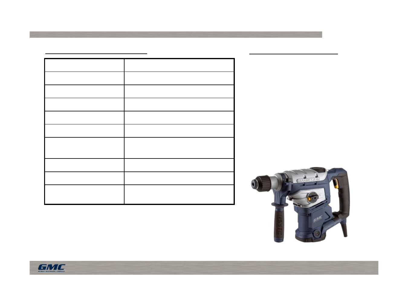 Specification sheet, Technical specifications supplied accessories, Mrhd1500cf – “super blast” rotary hammer drill | Global Machinery Company Magnesium MRHD1500CF User Manual | Page 6 / 8