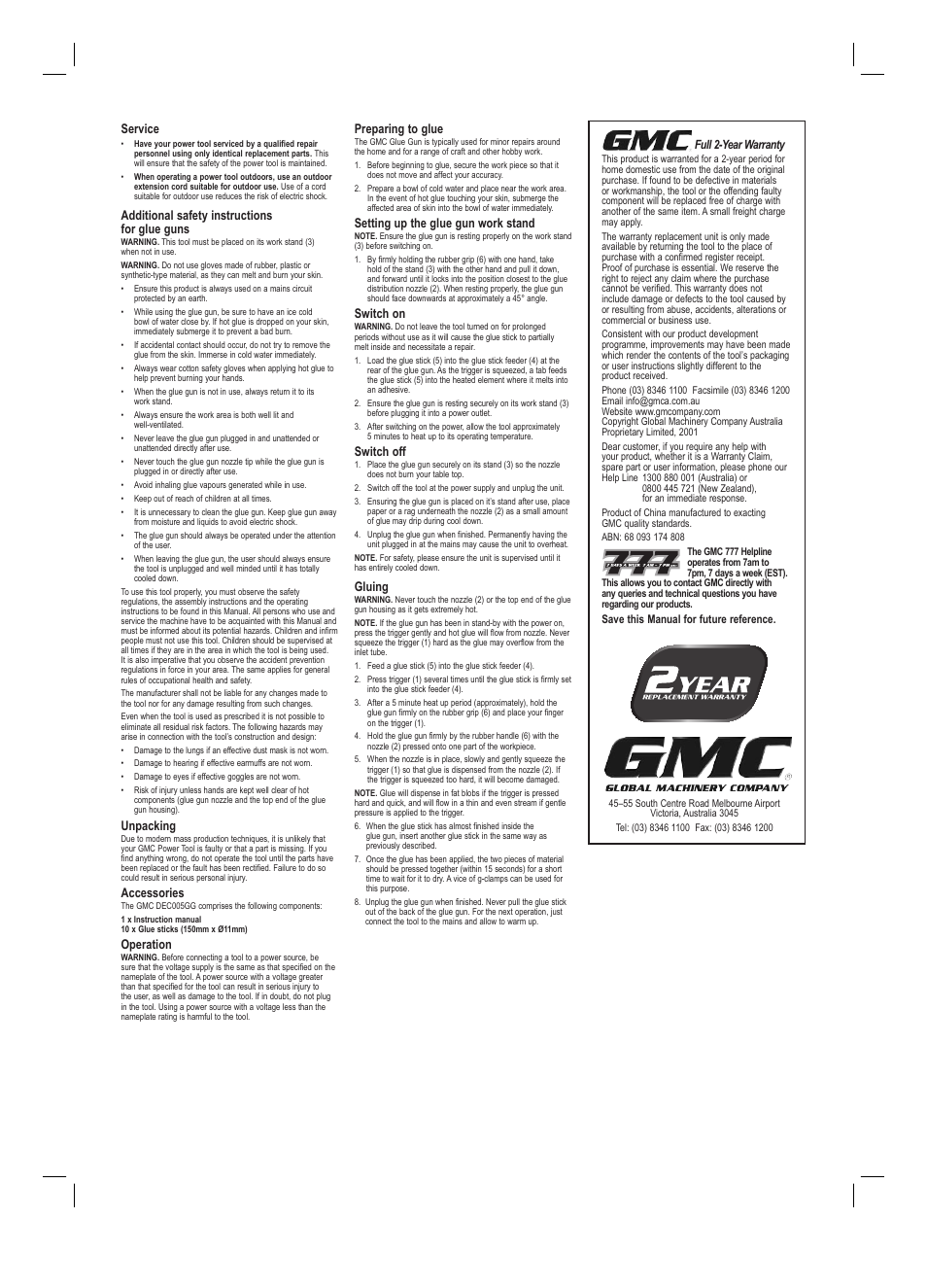 Service, Additional safety instructions for glue guns, Unpacking | Accessories, Operation, Preparing to glue, Setting up the glue gun work stand, Switch on, Switch off, Gluing | Global Machinery Company DEC005GG User Manual | Page 2 / 2