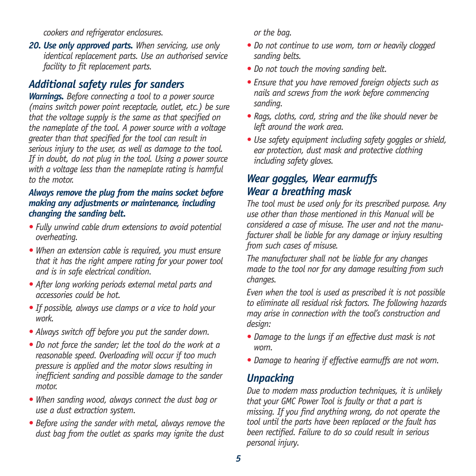 Additional safety rules for sanders, Wear goggles, wear earmuffs wear a breathing mask, Unpacking | Global Machinery Company BS800 User Manual | Page 5 / 10