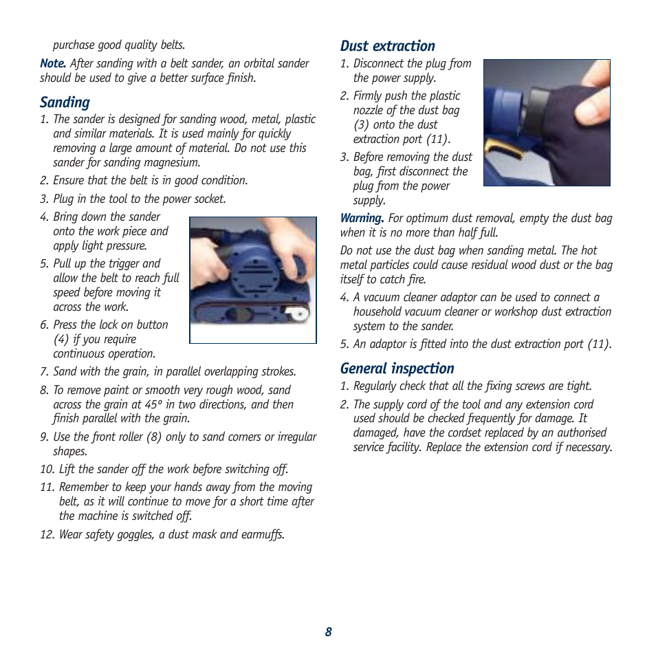 Sanding, Dust extraction, General inspection | Global Machinery Company BS800 User Manual | Page 8 / 10