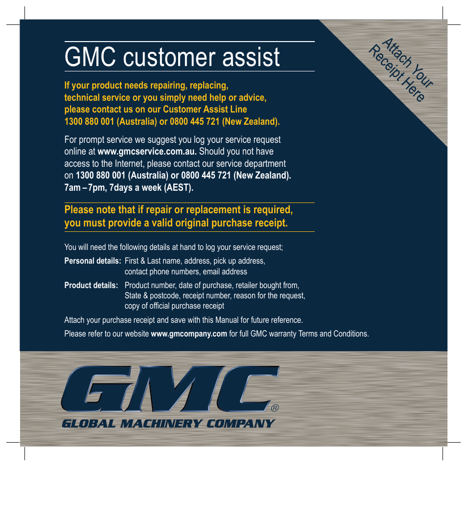 Gmc customer assist | Global Machinery Company RM1000 User Manual | Page 12 / 12