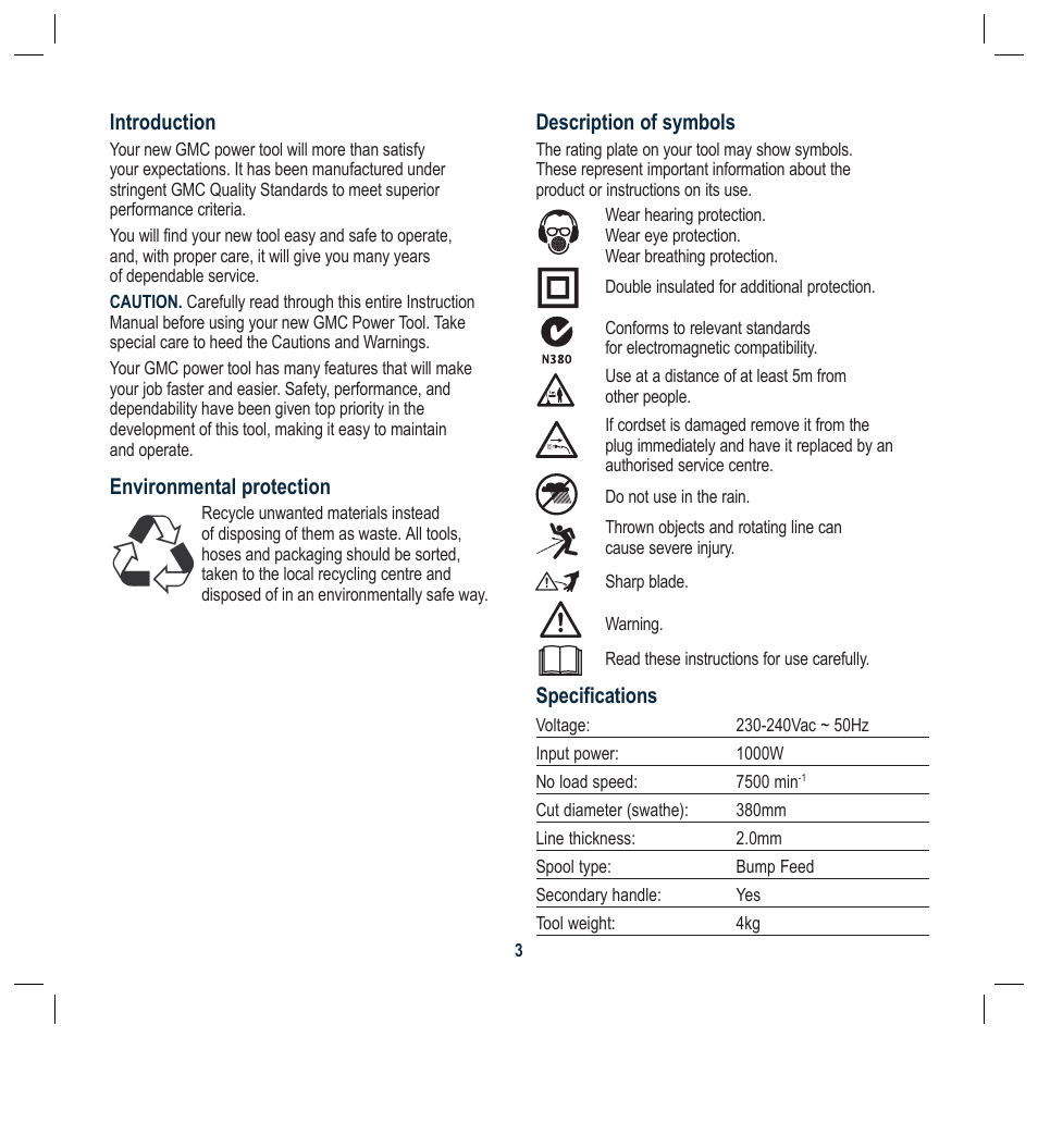 Description of symbols, Specifications, Introduction | Environmental protection | Global Machinery Company RM1000 User Manual | Page 3 / 12