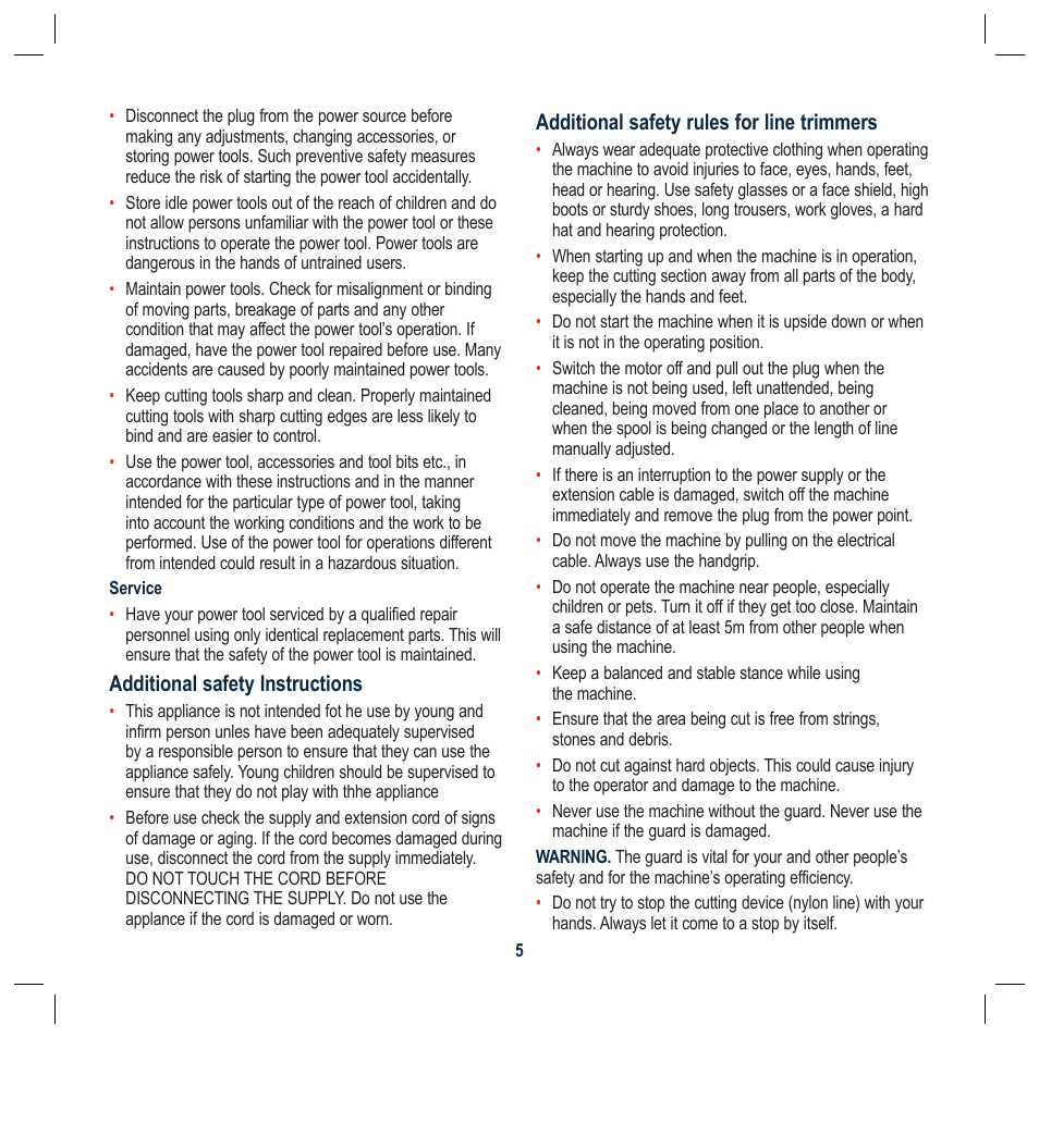 Additional safety instructions, Additional safety rules for line trimmers | Global Machinery Company RM1000 User Manual | Page 5 / 12