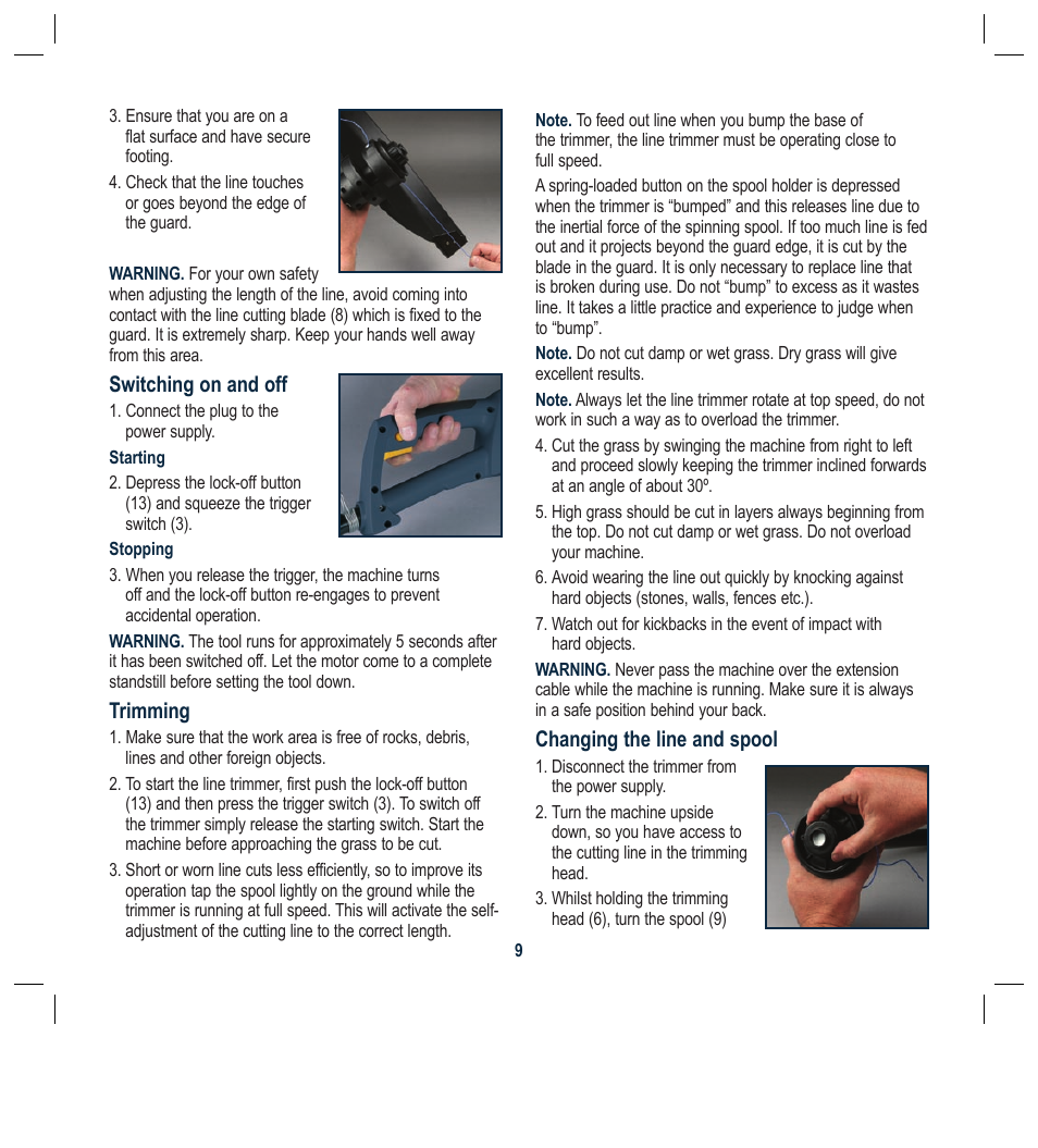 Switching on and off, Trimming, Changing the line and spool | Global Machinery Company RM1000 User Manual | Page 9 / 12